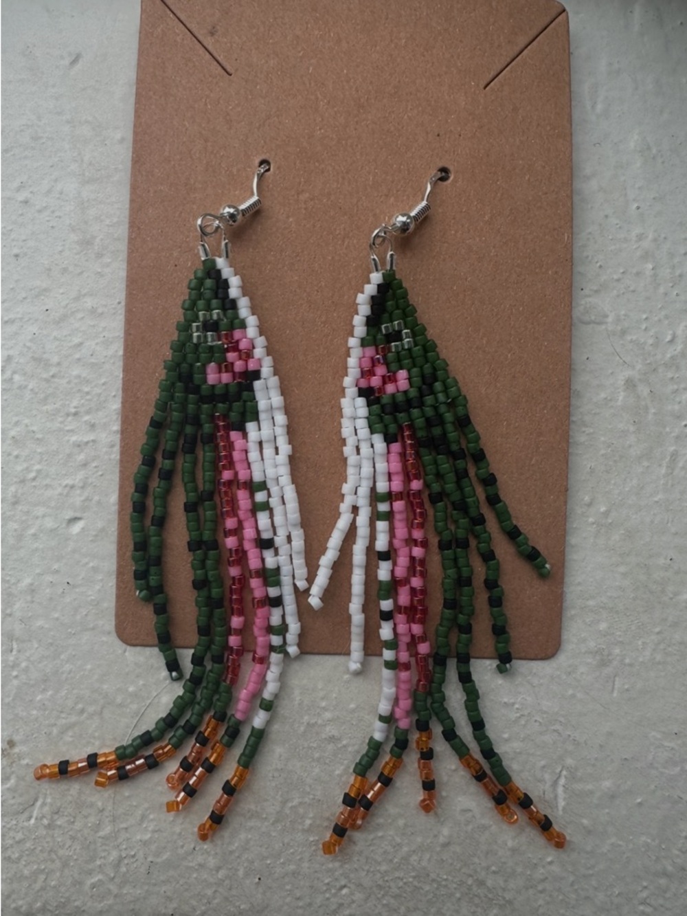 Handmade Green & Pink Seed Bead Fringe Earrings